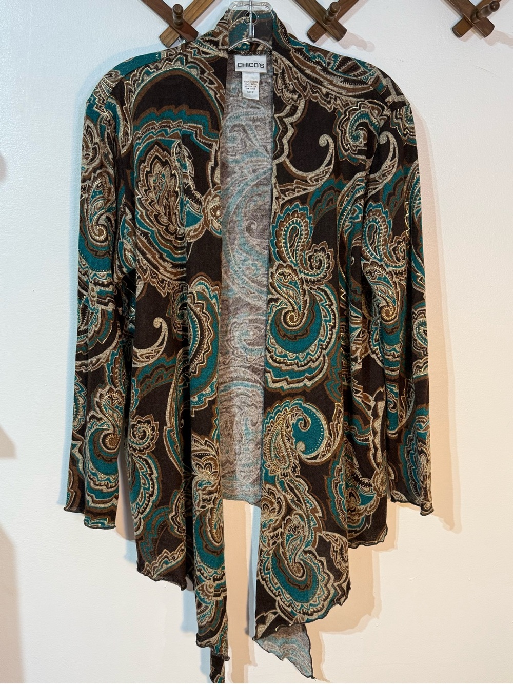 Chicos 3 Cardigan Sweater Paisley Fine Knit Shimmery Open Front Brown Earthy L/2